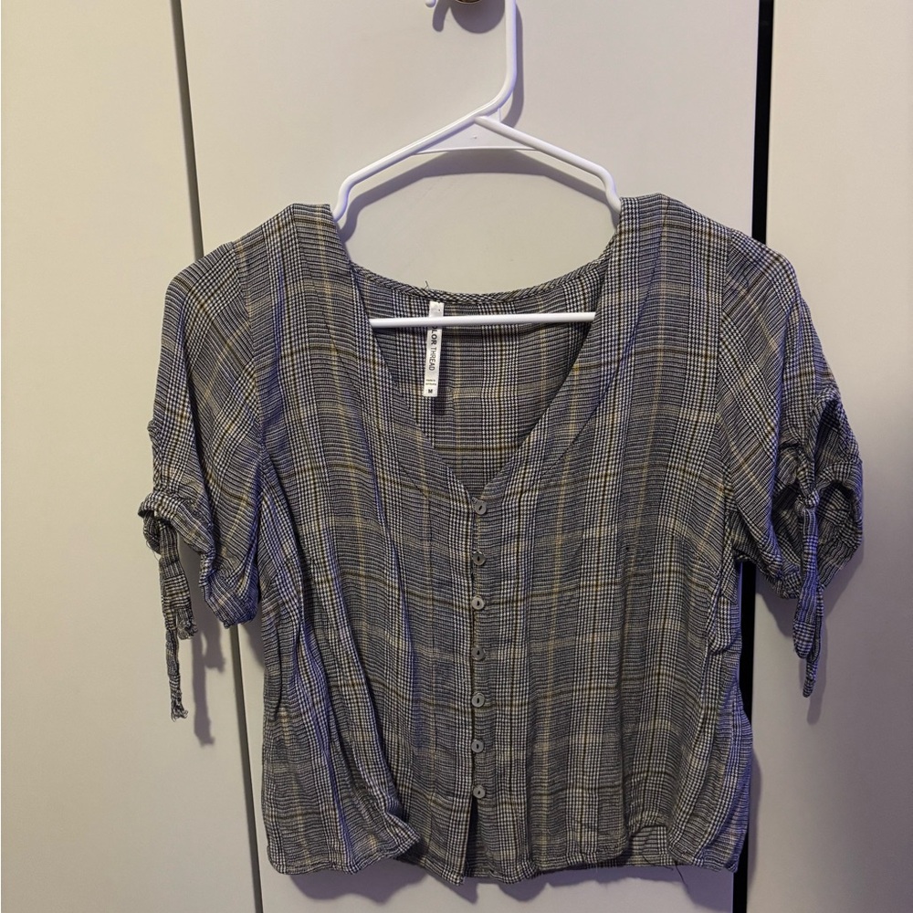 Gray Plaid Button-Up Blouse